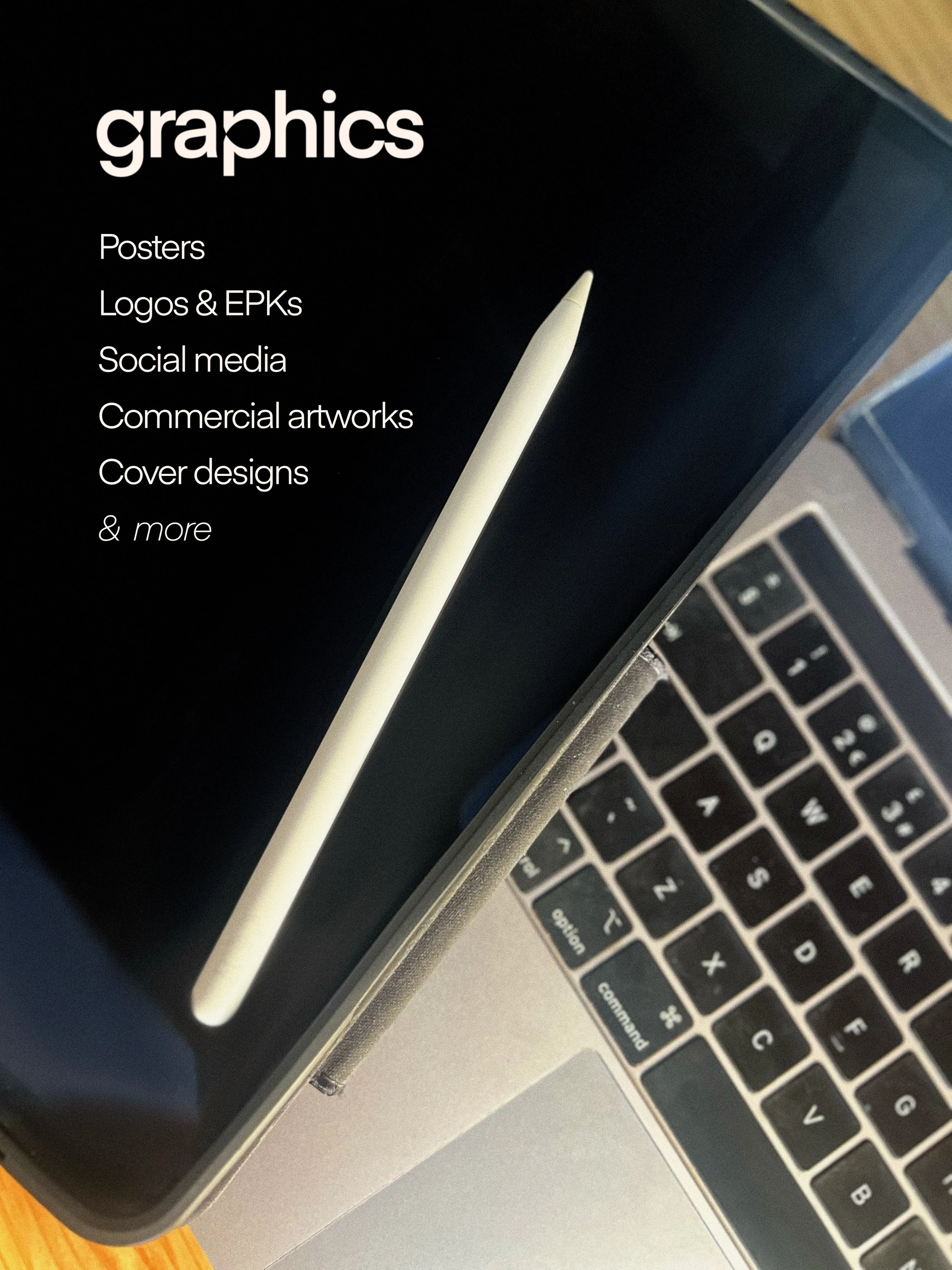 Open laptop with screen displaying a list of graphic design services including posters, logos & EPKs, social media, commercial artworks, and cover designs on a wooden surface.