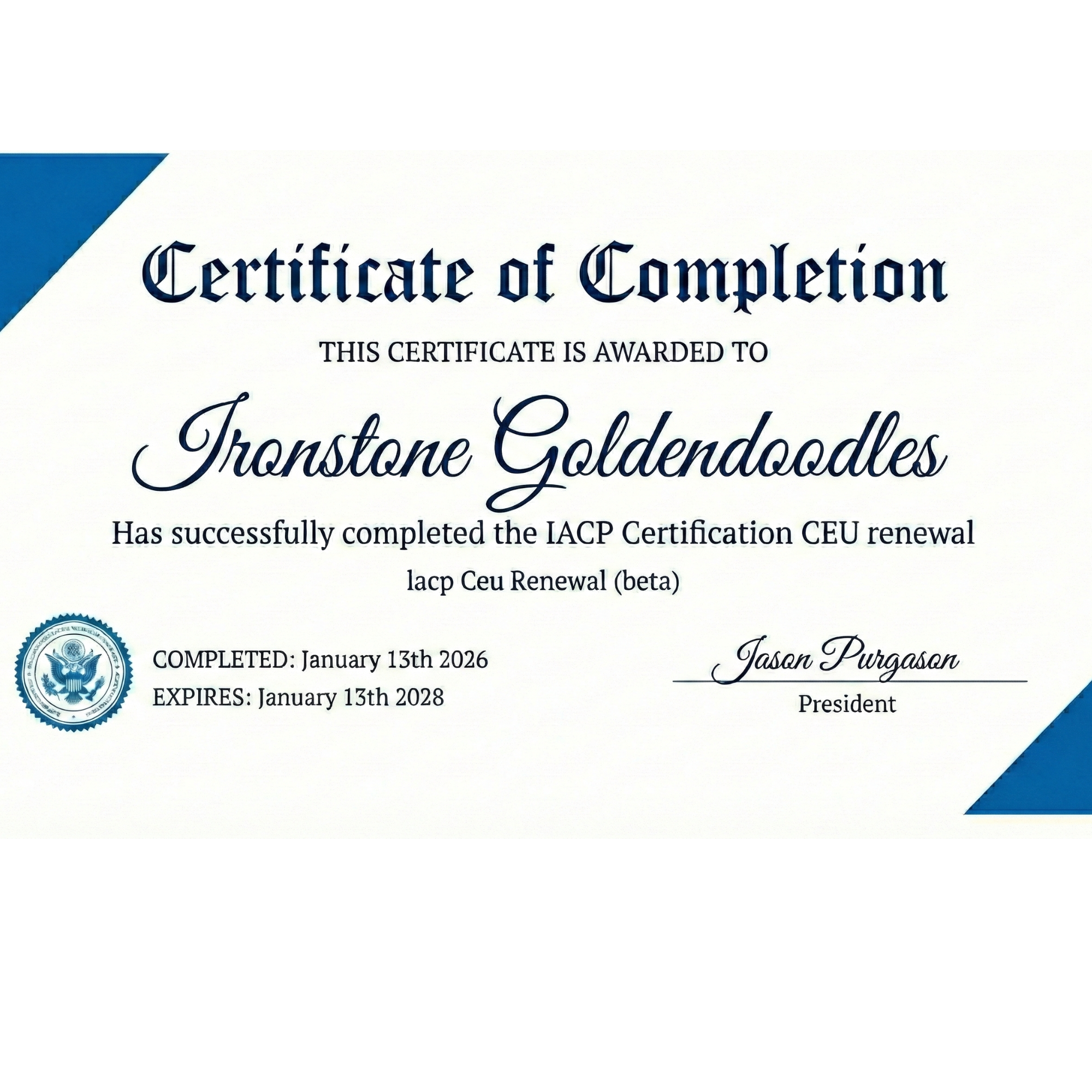 Professional Member Certificate of Completion from the International Association of Canine Professionals (IACP) awarded to Victoria Ready, founder of Ironstone Goldendoodles