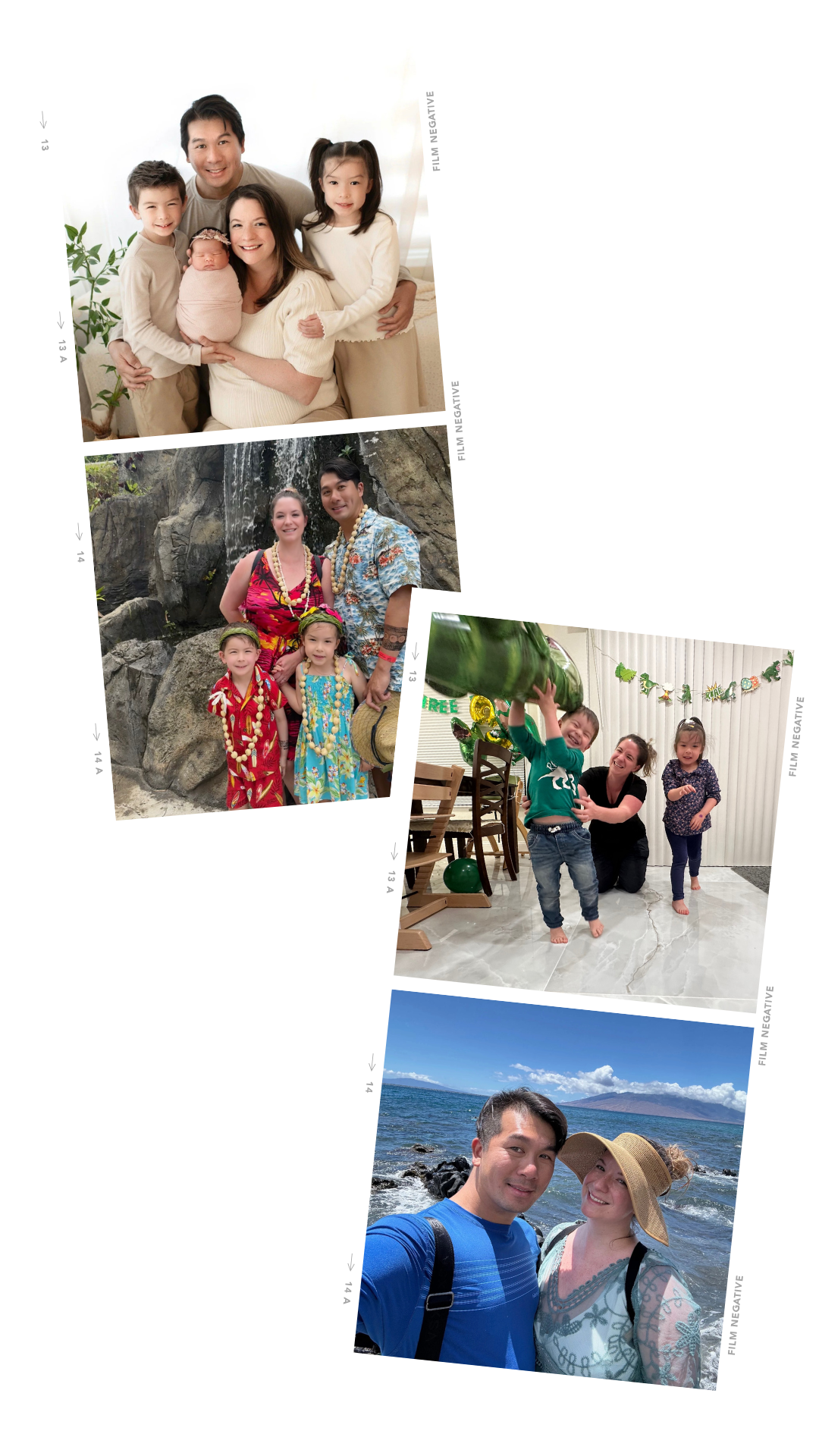A collage of four photos featuring different scenes. The top photo shows a family of five with two children and a baby, all smiling indoors. The second photo shows a couple with two children dressed in Hawaiian attire, standing near rocks and a waterfall outdoors. The third photo depicts an adult woman with two children celebrating indoors with balloons and a 'party' decoration. The bottom photo is a selfie of a man and woman standing by the ocean on a sunny day, with mountains in the background.