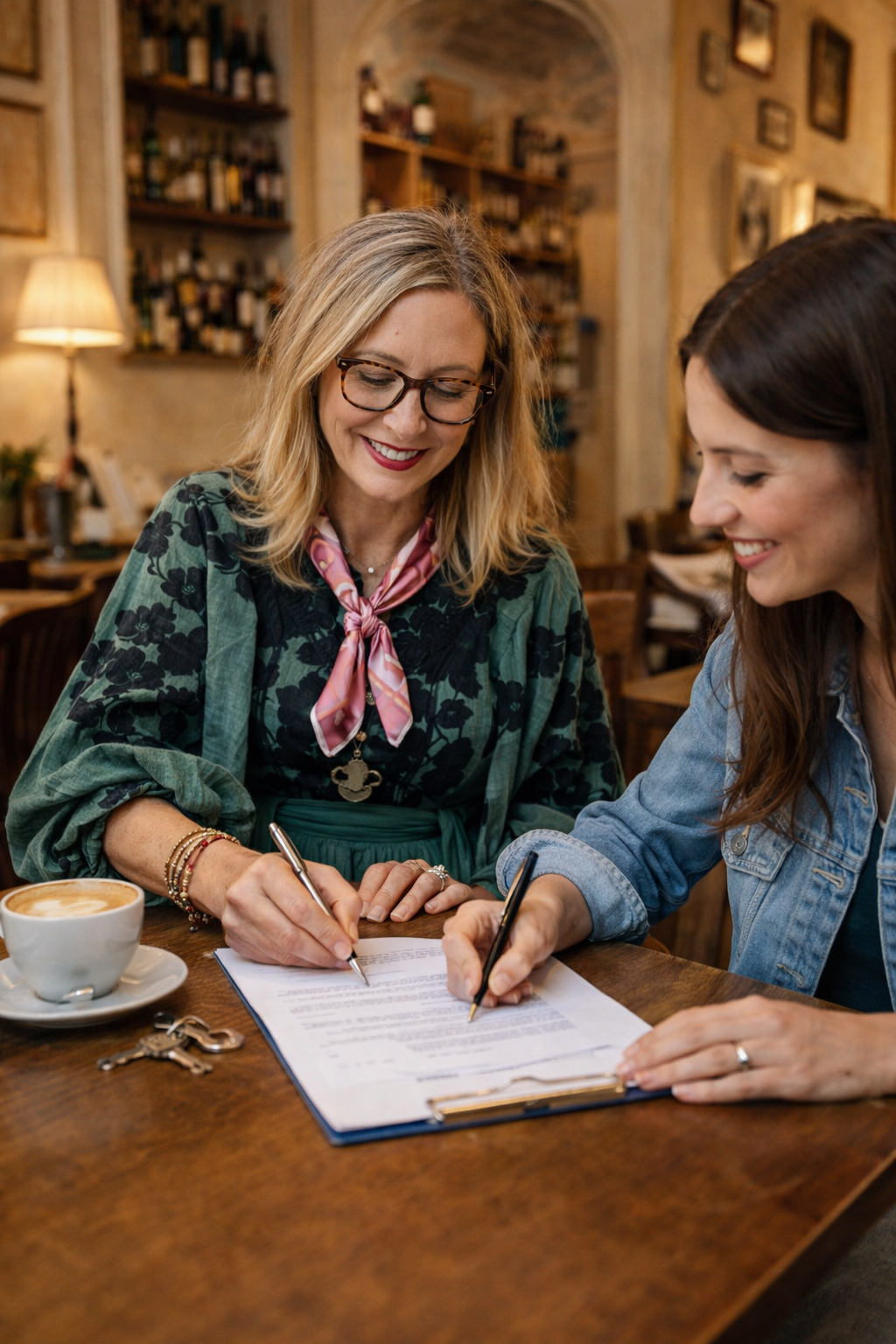 Jenny Dabbs and a women sitting at a wooden table signing documents in a cozy cafe, with a latte and set of keys nearby.
