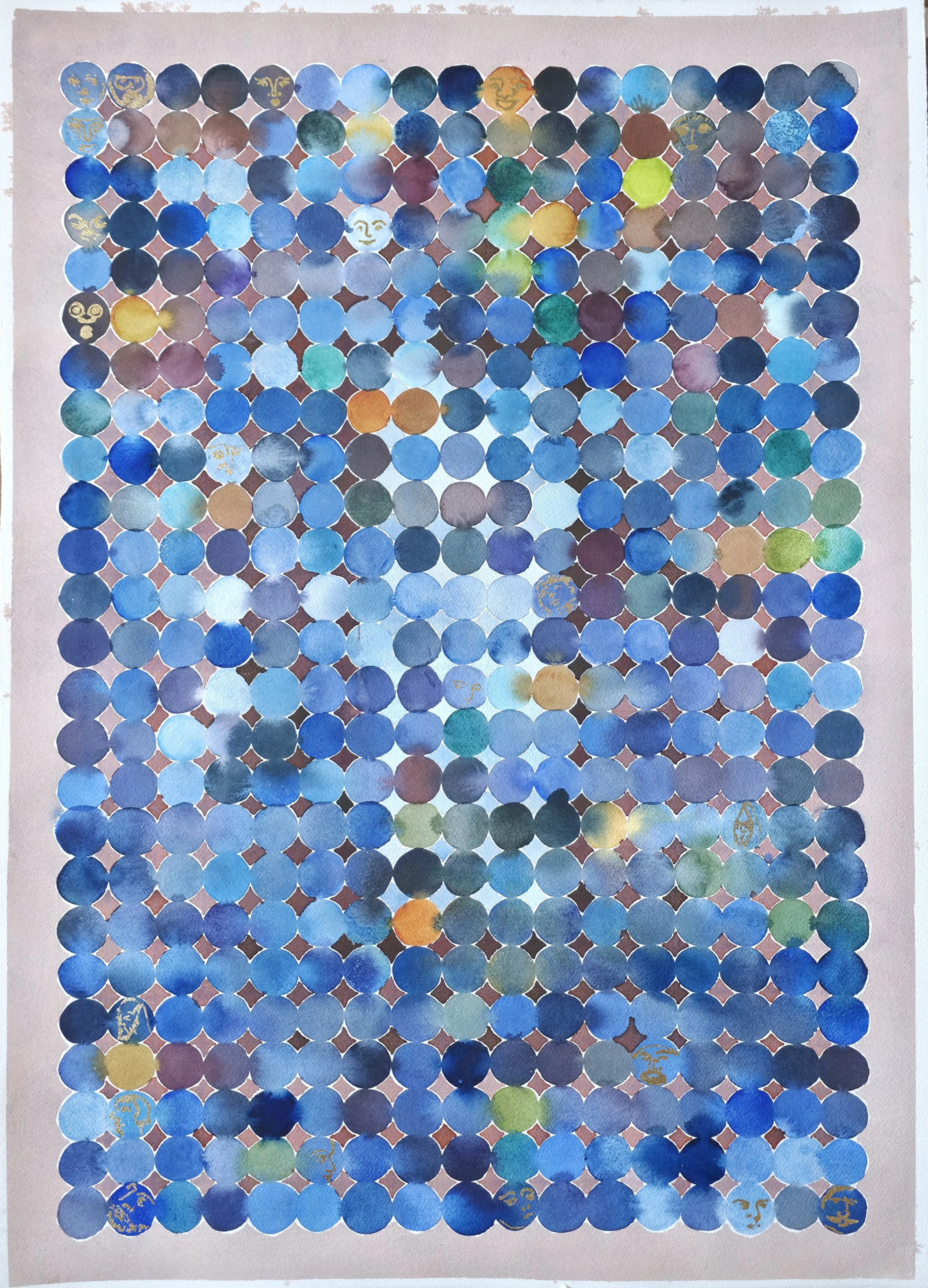 Blue dots (Opening) / watercolor and gold leaf on paper / 24 x 40 inches / 2025