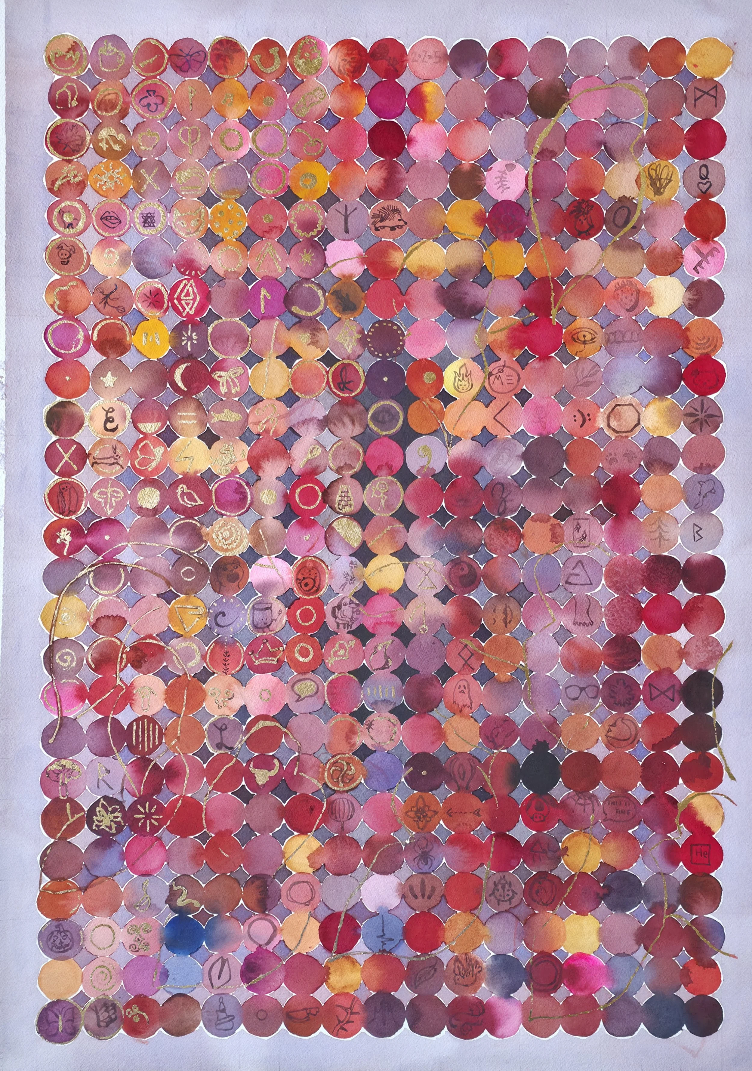 Red Dots / watercolor and gold leaf on paper / 24 x 40 inches / 2025