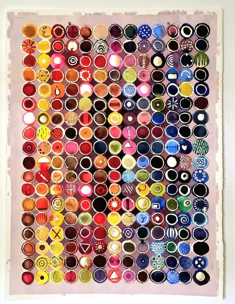 Rainbow I (Beginnings) / watercolor, gold leaf, and cold wax on paper / 22 x 30 inches / 2025