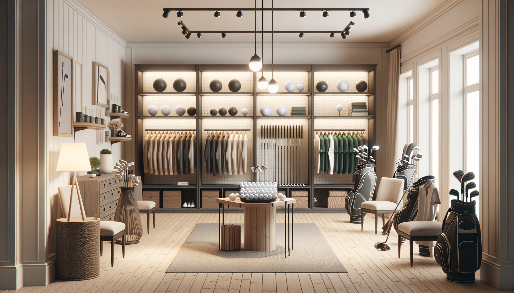 A golf-themed room with shelves of golf balls, clothing, and golf bags, featuring golf clubs and decor in a cozy, well-lit space.