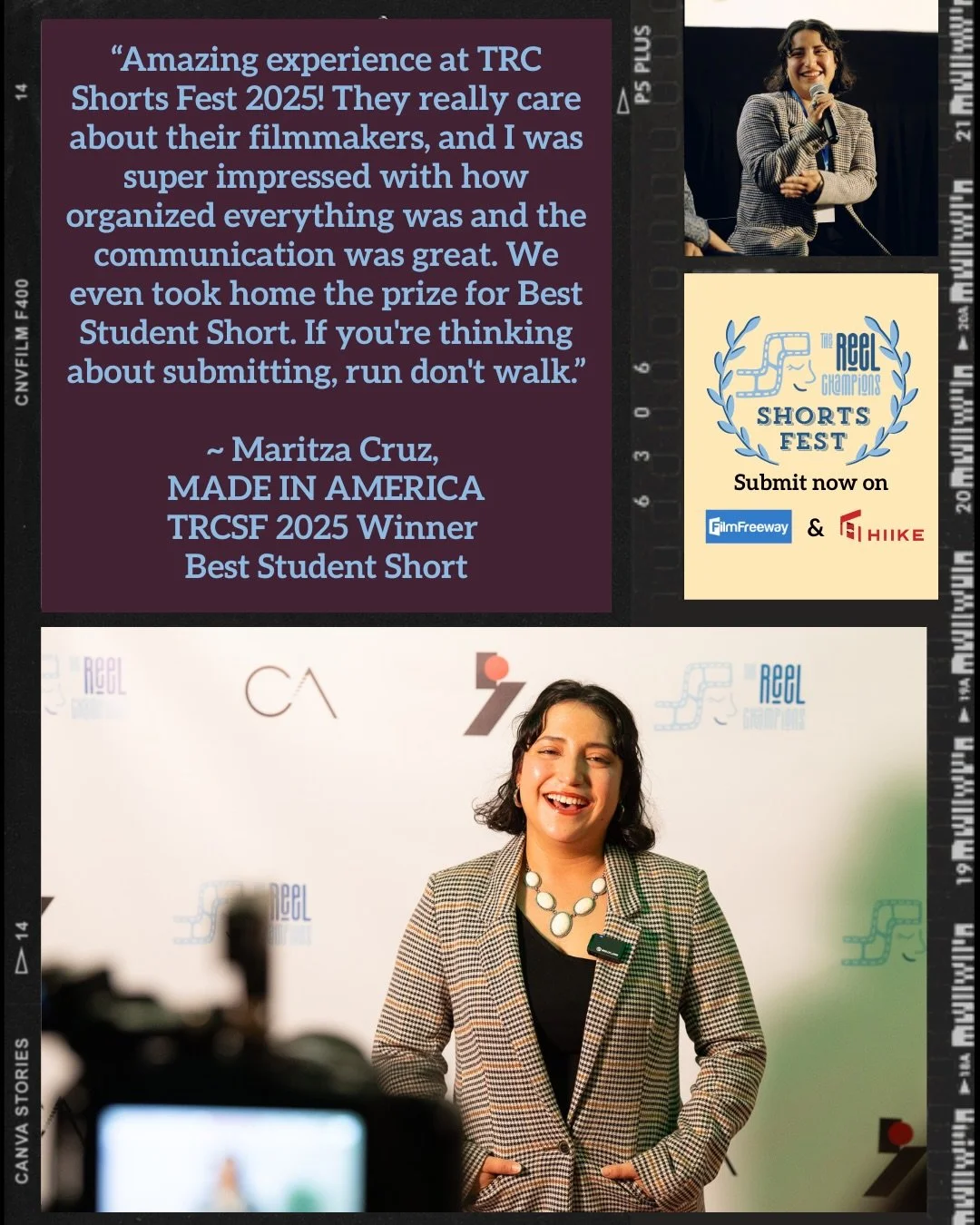 This is the last week to submit to The Reel Champions Shorts Fest🎬🎥🎞️
Don&rsquo;t wait, APPLY!
The festival will be taking place this October in Los Angeles✨

Thanks for the kind testimonial from Maritza Cruz, the filmmaker behind MADE IN AMERICA.
