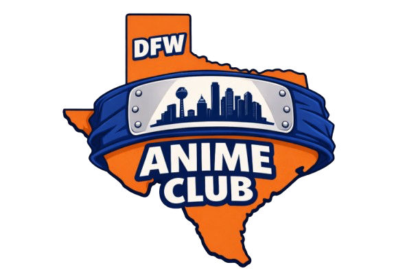 Logo of the DFW Anime Club featuring an outline of Texas, a city skyline, and a banner with the club name.
