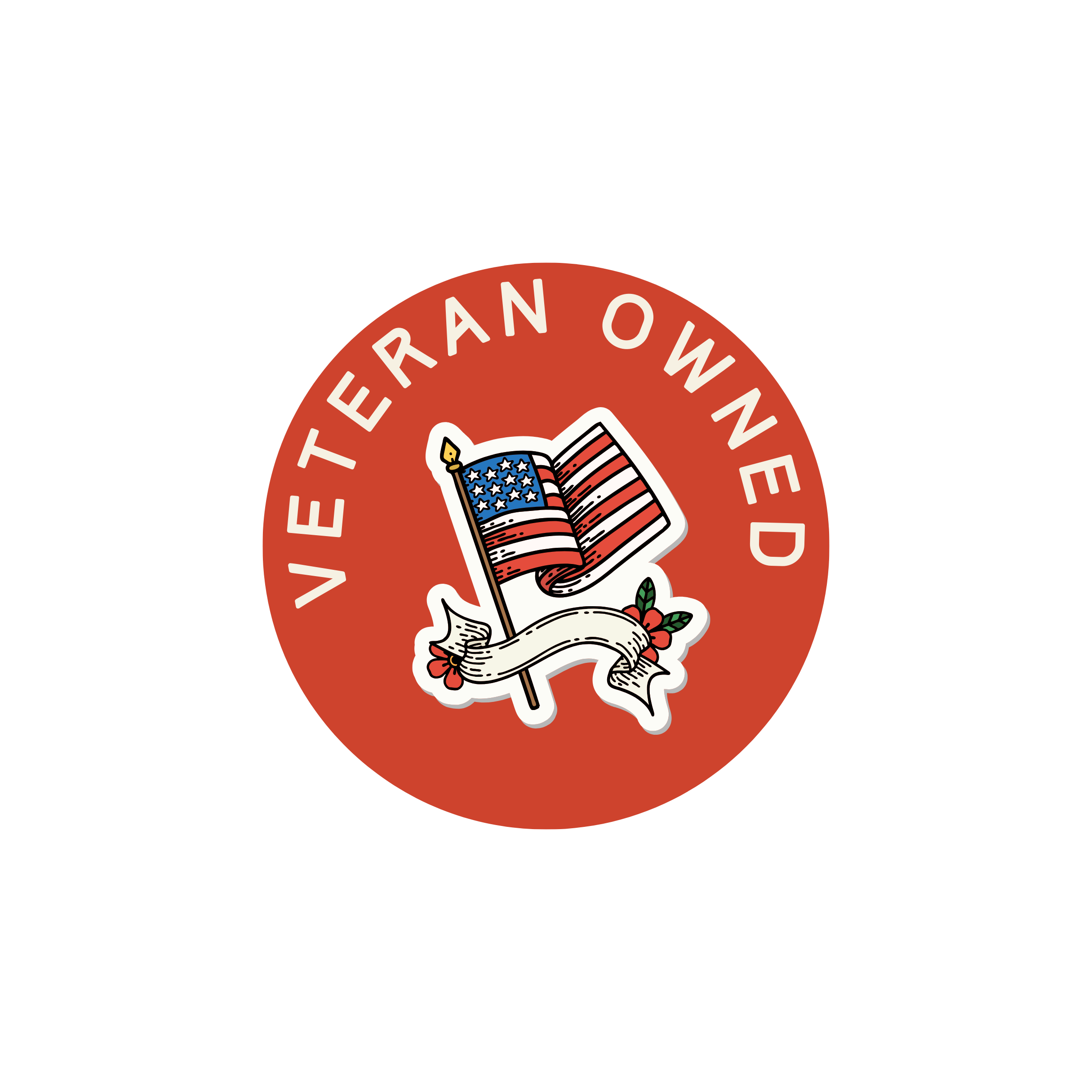 Circular badge with red background and white text reading 'Veteran Owned.' Contains an American flag tattoo-style illustration with a banner and roses.