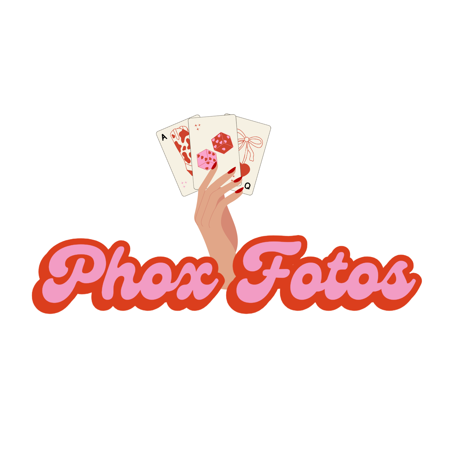 A hand holding three playing cards: an Ace of Hearts, an Ace of Diamonds, and a Queen of Hearts, with pink and red dice and a wrapped gift in the background, under the words 'Pix Fotos' in pink and red stylized font.