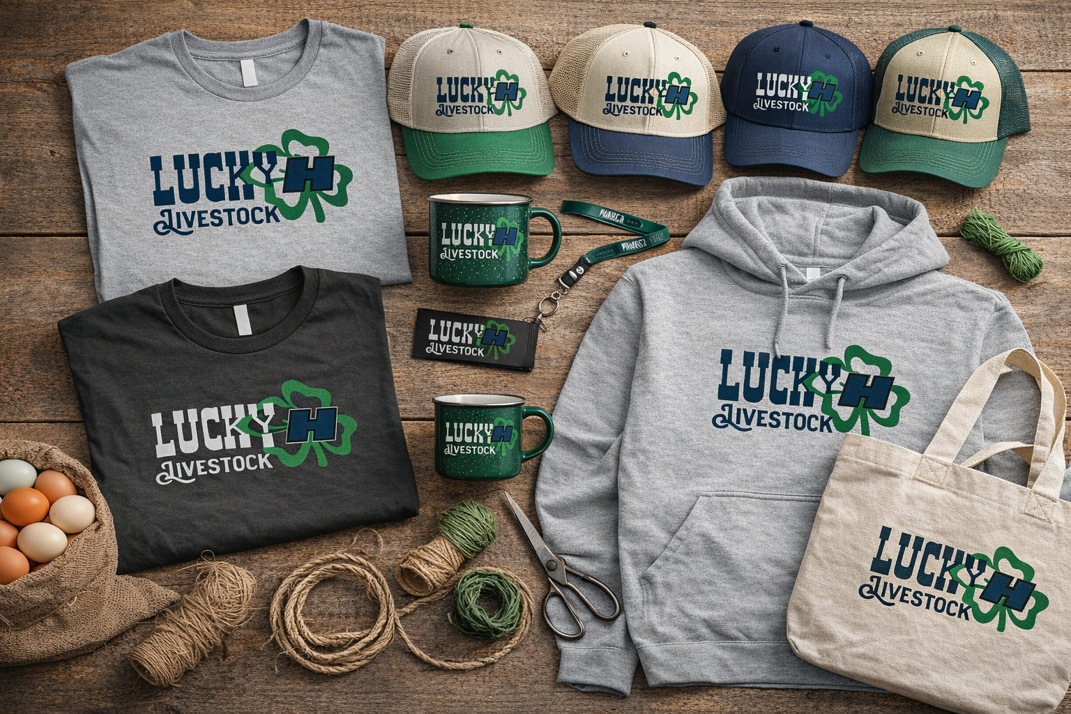 Collection of merchandise including T-shirts, hats, mugs, a hoodie, tote bag, and lanyards featuring a 'Lucky Livestock' logo with a shamrock and cross design, arranged on a wooden surface alongside eggs, twine, and scissors.