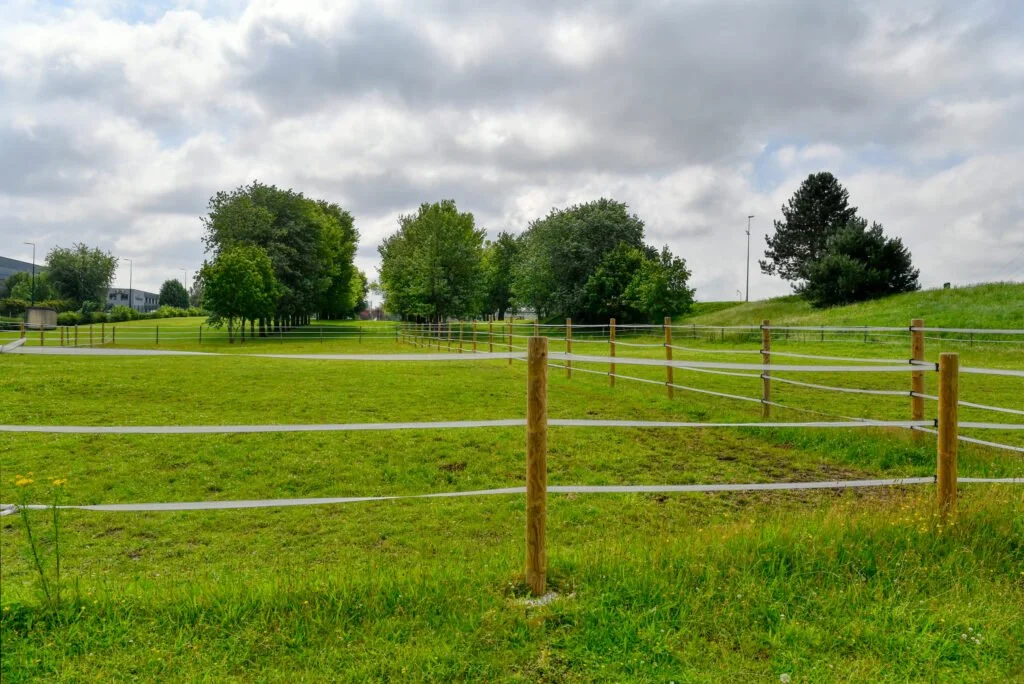 Un parc avec une clôture en bois et fil de fer, plusieurs arbres verts sous un ciel nuageux.