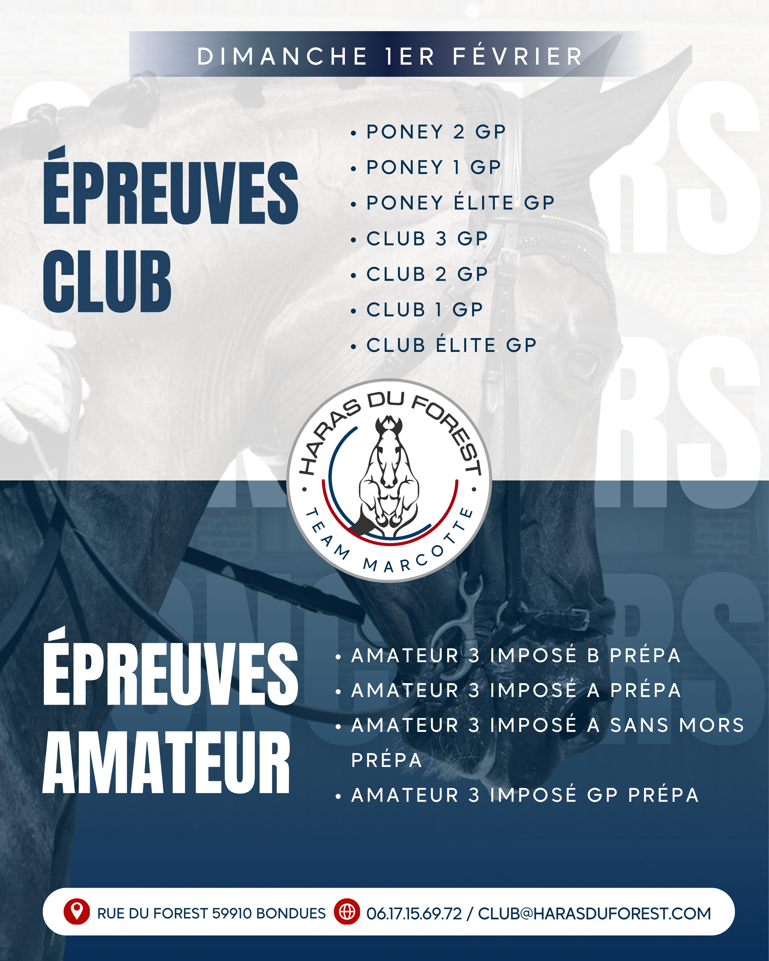 Affiche d'une journée d'épreuves équestres et de concours pour un club de chevaux, avec logo du Haras du Forest, détails des types d'épreuves, date, lieu et contact.