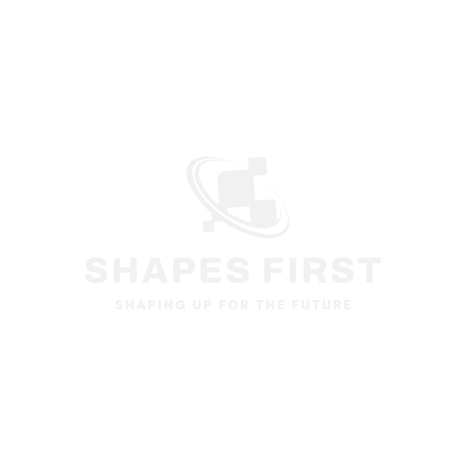 Logo with a globe and geometric shapes, text 'SHAPES FIRST' and slogan 'Shaping up for the future' in white on black background.
