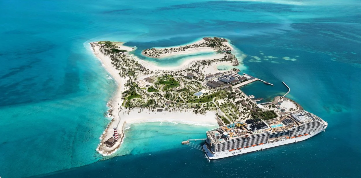 Aerial map of MSC Ocean Cay showing beaches, lagoons, and the cruise ship pier