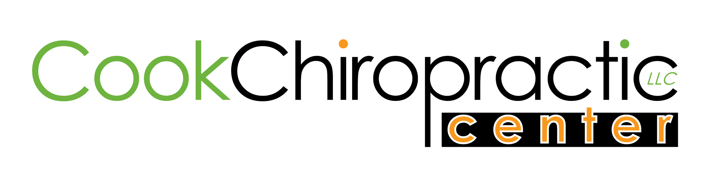 Logo for Cook Chiropractic Center with the text 'Cook Chiropractic LLC Center' in green, black, and orange.