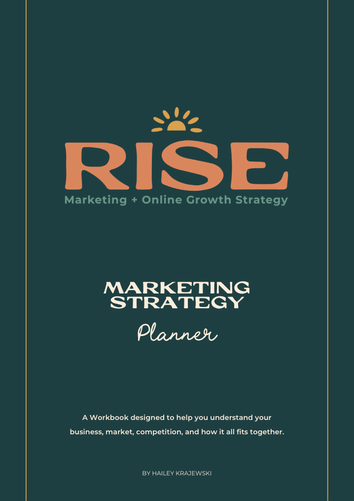 Cover of a workbook titled "RISE Marketing + Online Growth Strategy Planner" with a sun rising above the "I" in "RISE". Subtitle reads "Marketing Strategy Planner" and description states it is designed to help understand your business, market, competition, and how everything fits together.