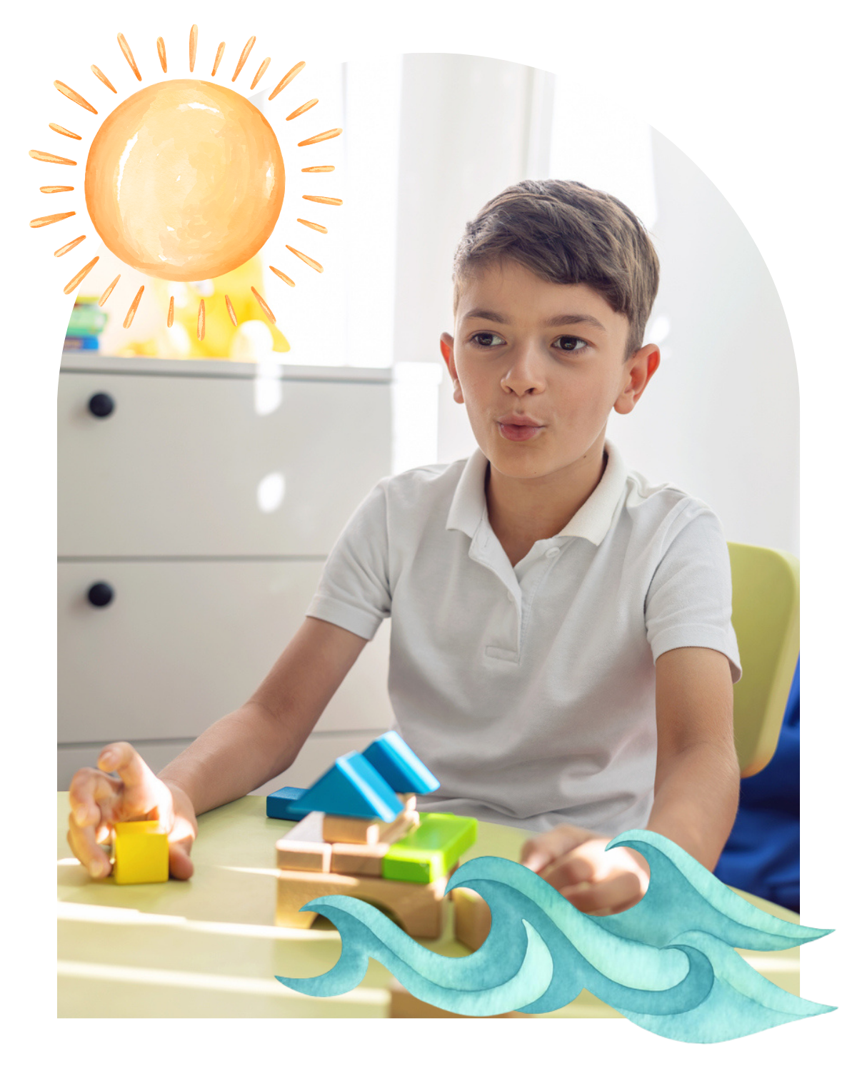 A boy sitting at a table with wooden building blocks, playing during in-home speech therapy for children in San Clemente, CA.