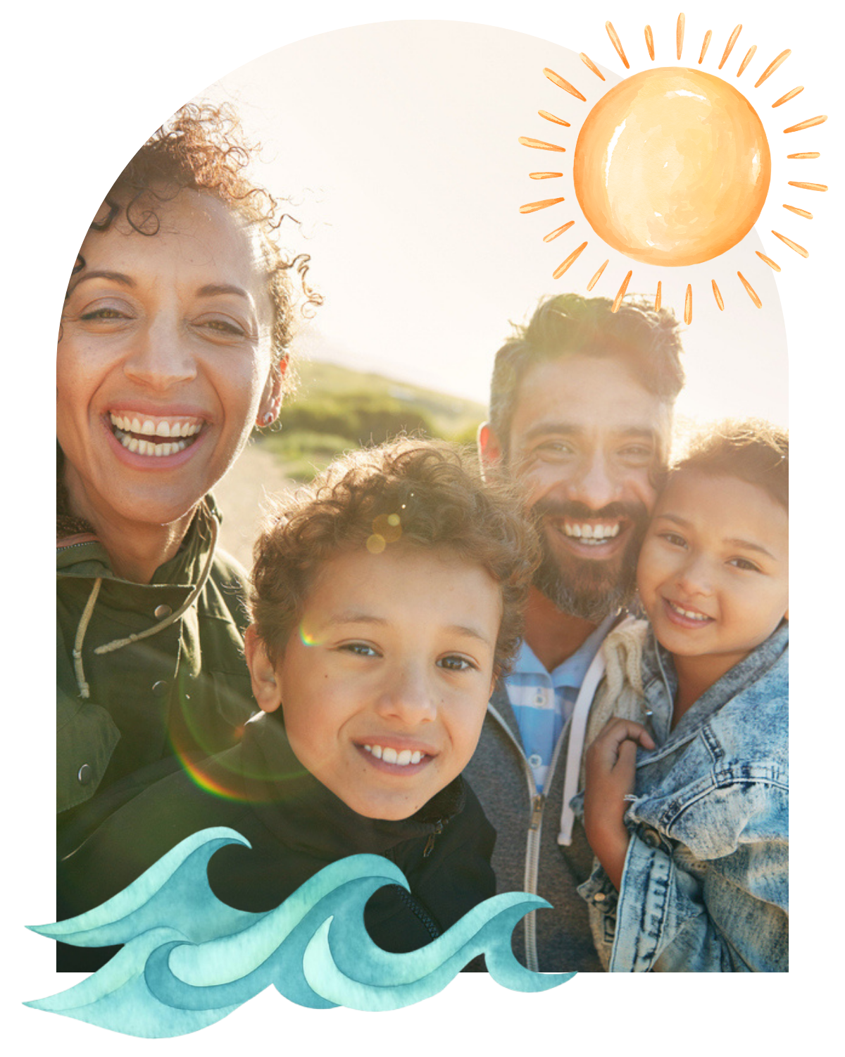A cheerful family of four people smiling outdoors in the sunlight. The children have improved communication skills because of online parent coaching provided by a speech therapist in California.