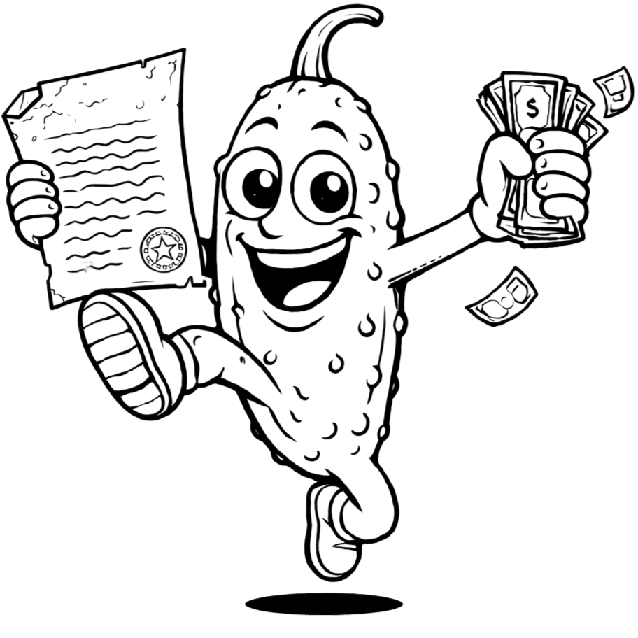 Cartoon anthropomorphic pickle character with a big smile, holding a document in one hand and cash in the other, with a star stamp on the document.