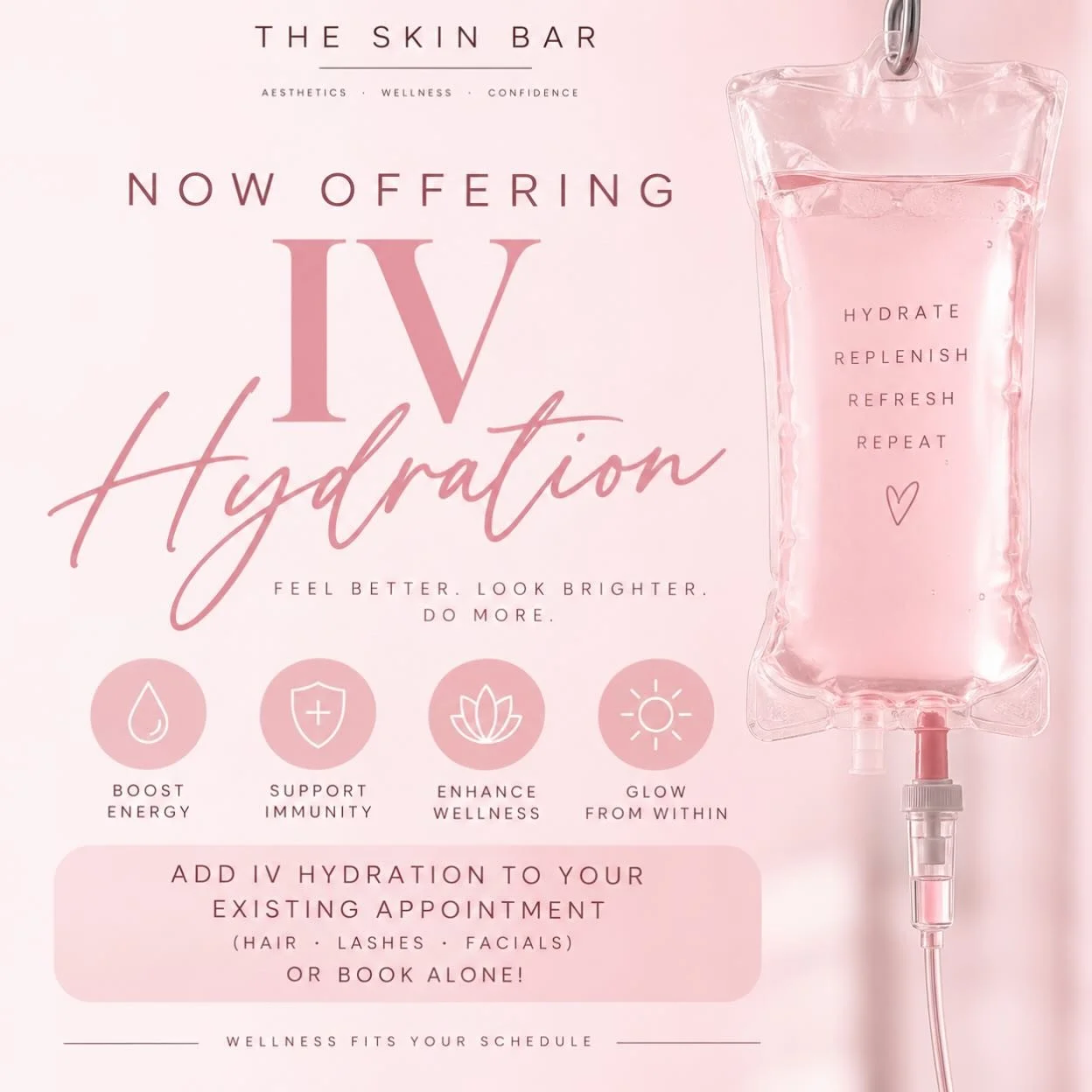 ✨NOW OFFERING IV HYDRATION ✨

Hydrate. Replenish. Refresh. 💧💗

IV Hydration is now available at The Skin Bar and can be added to your existing appointment&mdash;hair, lashes, facials&mdash;or booked as a stand-alone service!

Perfect for a little e