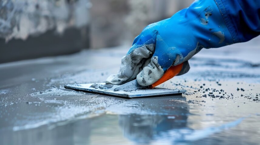 Close-up of a person smoothing and spreading waterproof sealant or coating on a flat surface with a trowel, wearing blue gloves and a blue jacket.