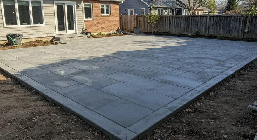 Newly paved concrete patio in backyard of house, with neighboring house and wooden fence in background.