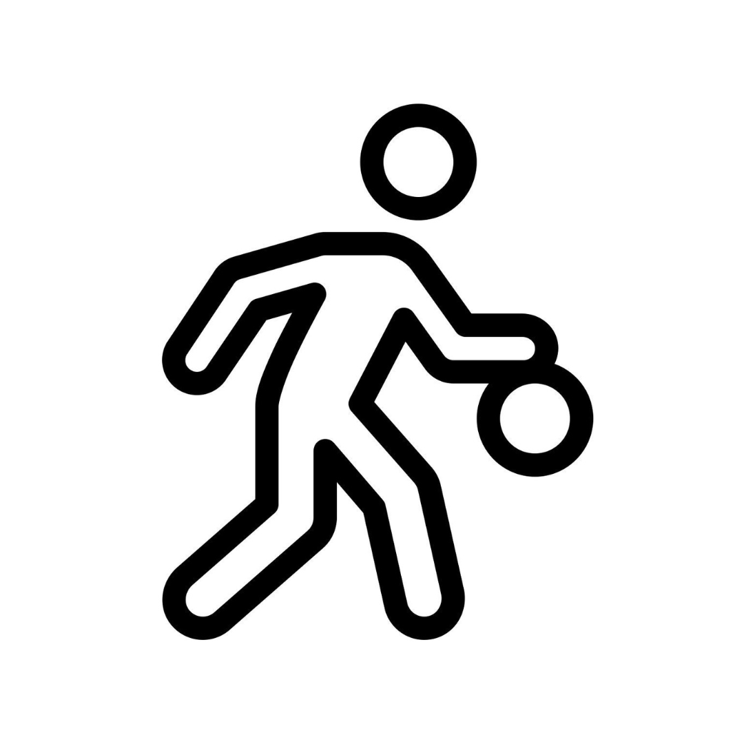 Icon of a person walking while holding two balls, one in each hand.