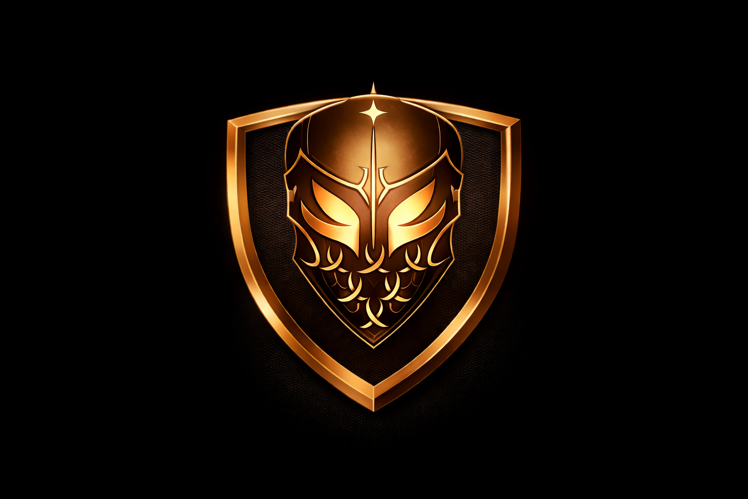 A metallic gold and black shield with a stylized dragon or beast face in the center, glowing with warm light.
