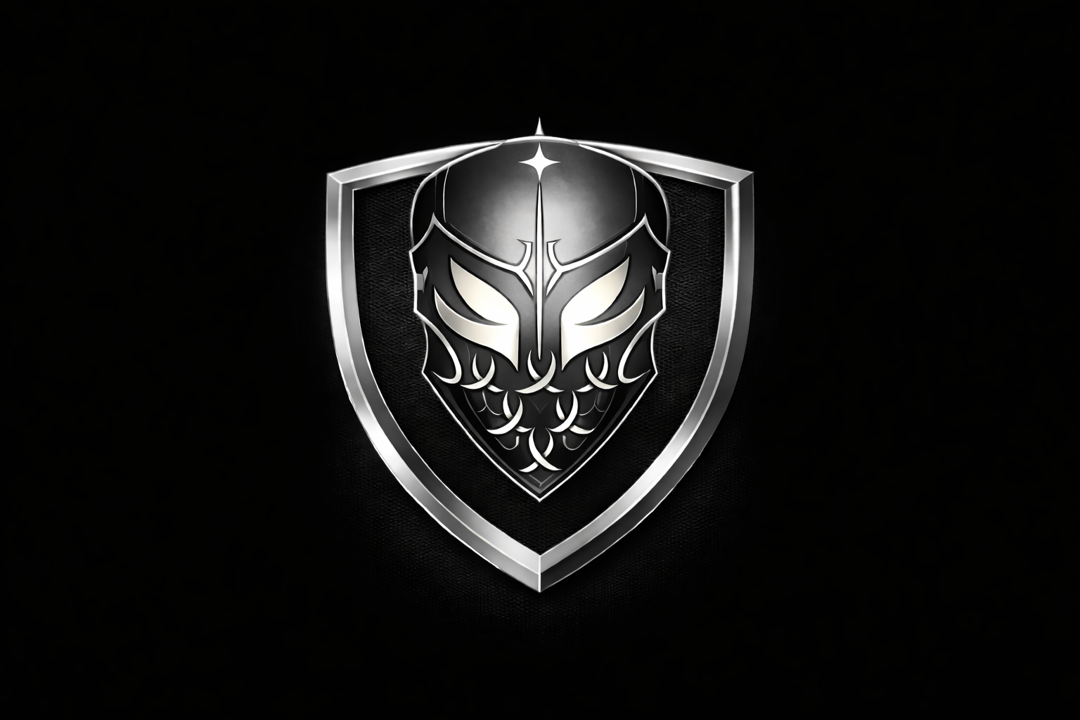 A metallic emblem featuring a stylized, aggressive-looking animal face, possibly a wolf or fox, within a shield shape, set against a black background.