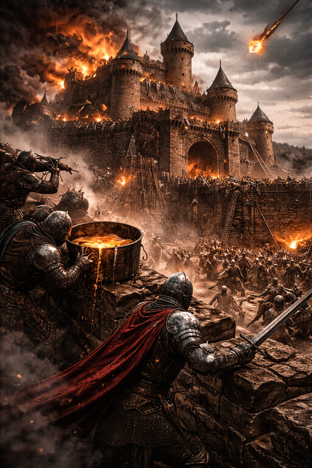 A medieval castle under attack, engulfed in flames with a fiery sky, during a large battle involving armored soldiers with swords, some pulling molten metal from a hot cauldron, amidst chaos and destruction.