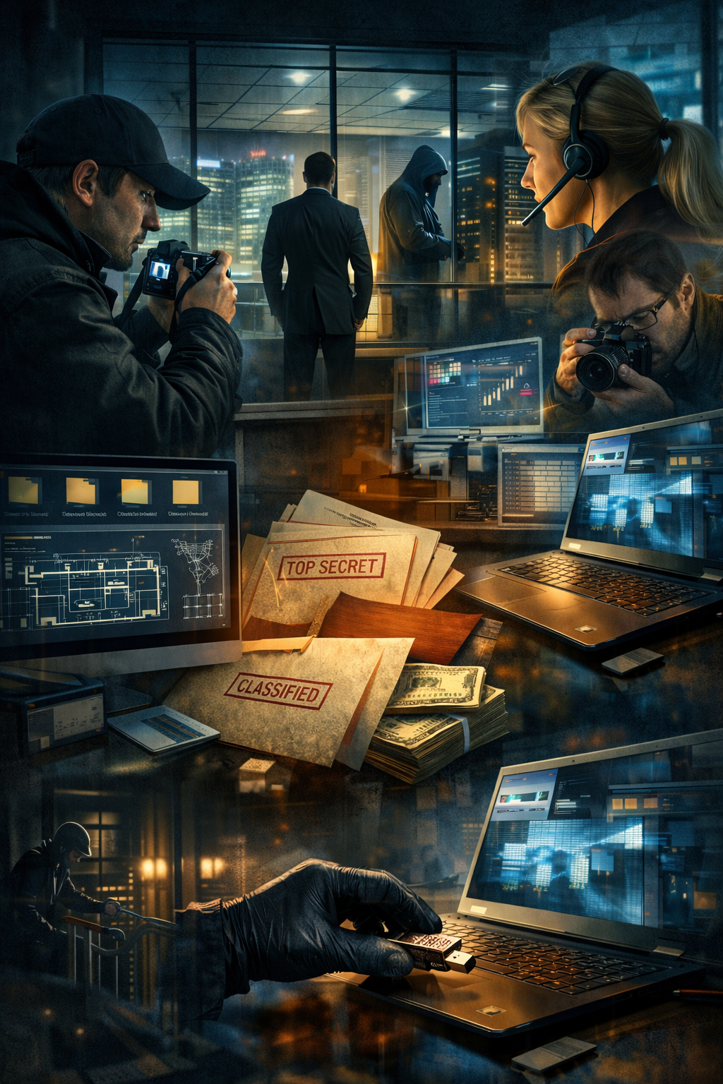 A group of people at a high-tech office, including a woman with a headset, photographers, and a man in a hoodie standing by large glass windows with a city skyline at night. The scene includes computer screens, confidential folders labeled "Top Secret" and "Classified," stacks of cash, and a gloved hand inserting a USB drive into a laptop.