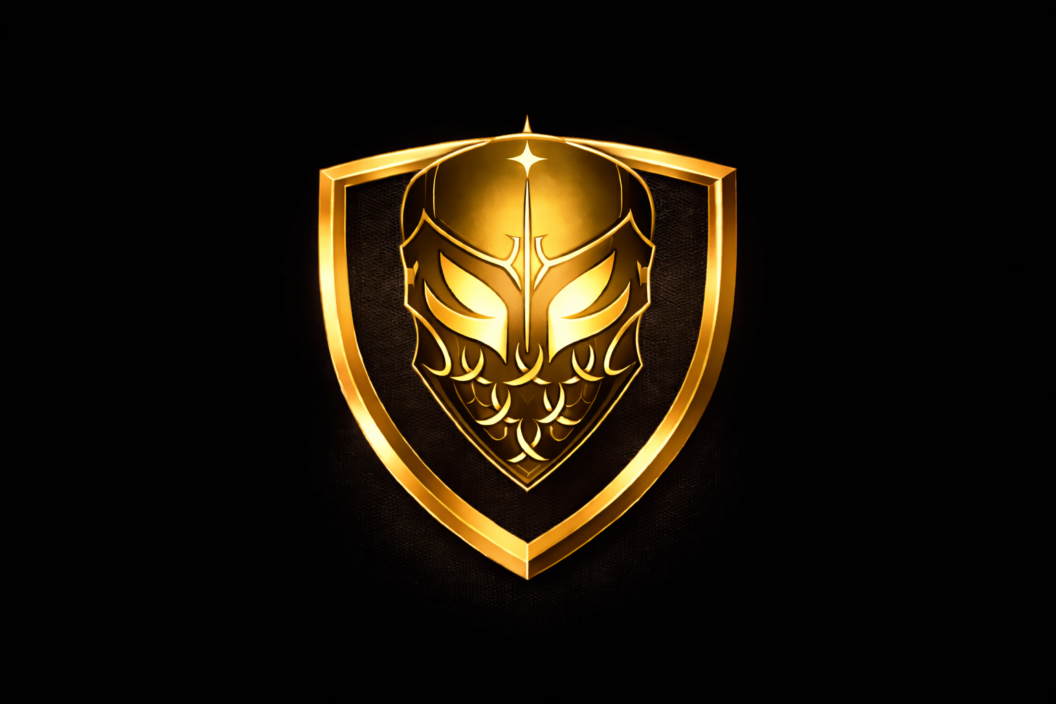 Gold and black emblem featuring a stylized dragon or lion face within a shield shape.
