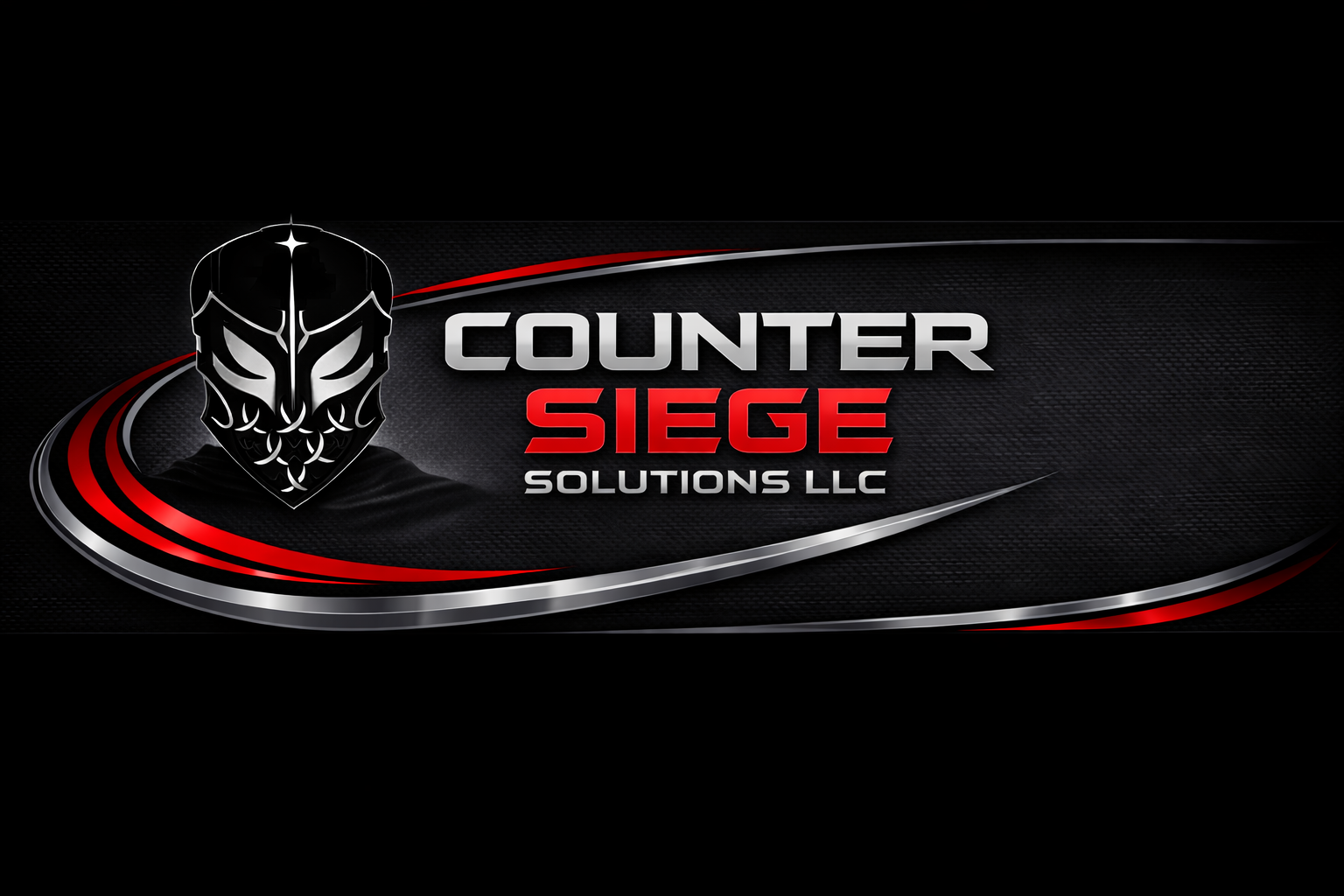 Logo for Counter Siege Solutions LLC featuring a masked figure with a dark background and red, black, and silver accents.