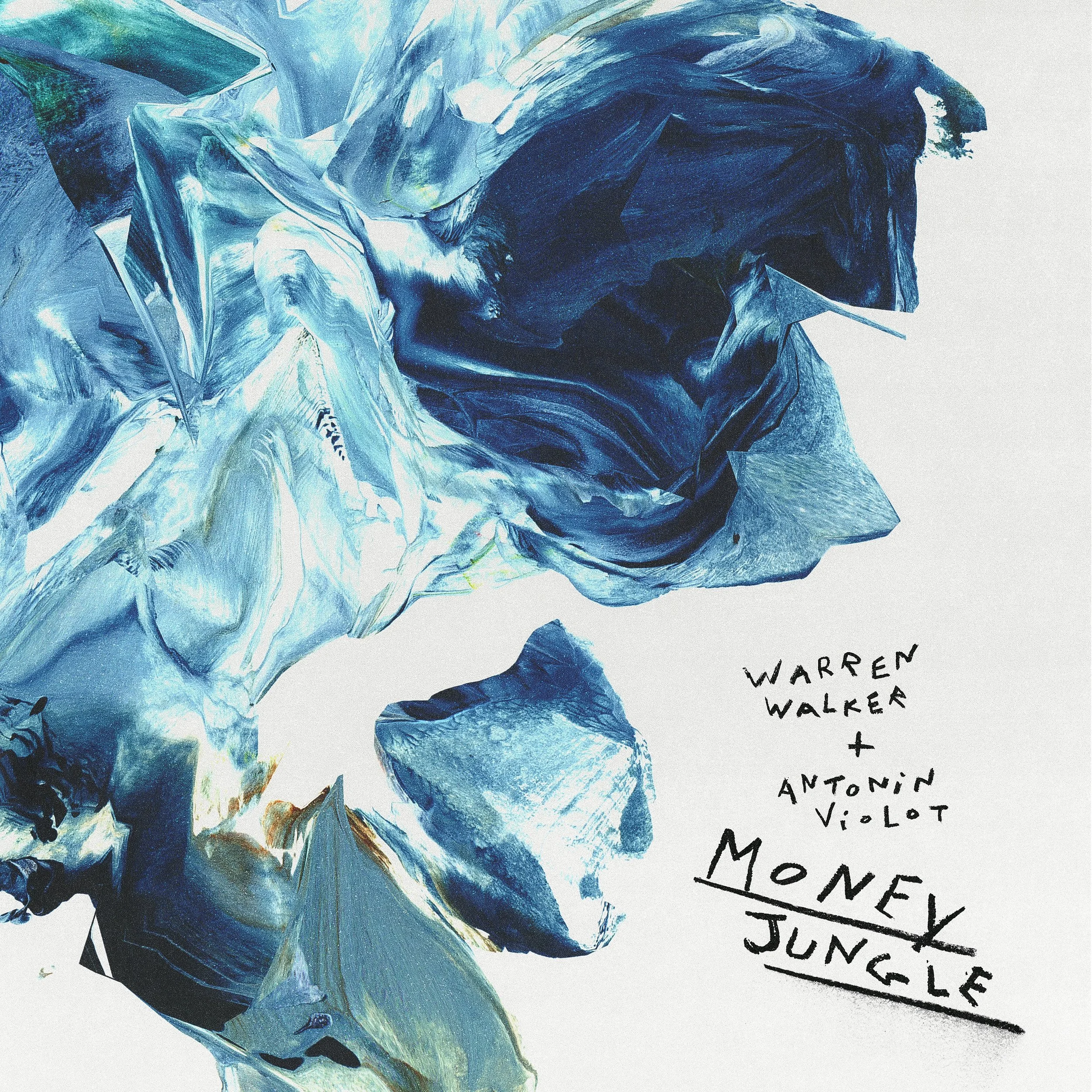 Abstract blue and white painting with handwritten text that reads 'WARREN WALKER + ANTOIN VIOLOT MONEY JUNGLE'.