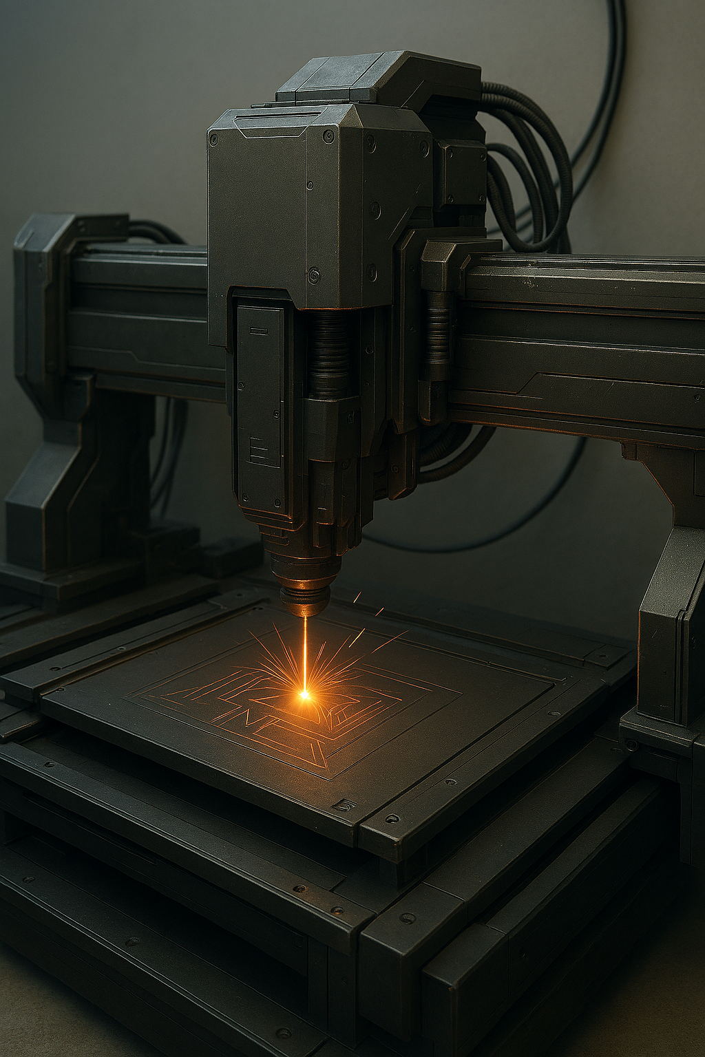 A laser engraving machine carving a detailed design into a metal surface.