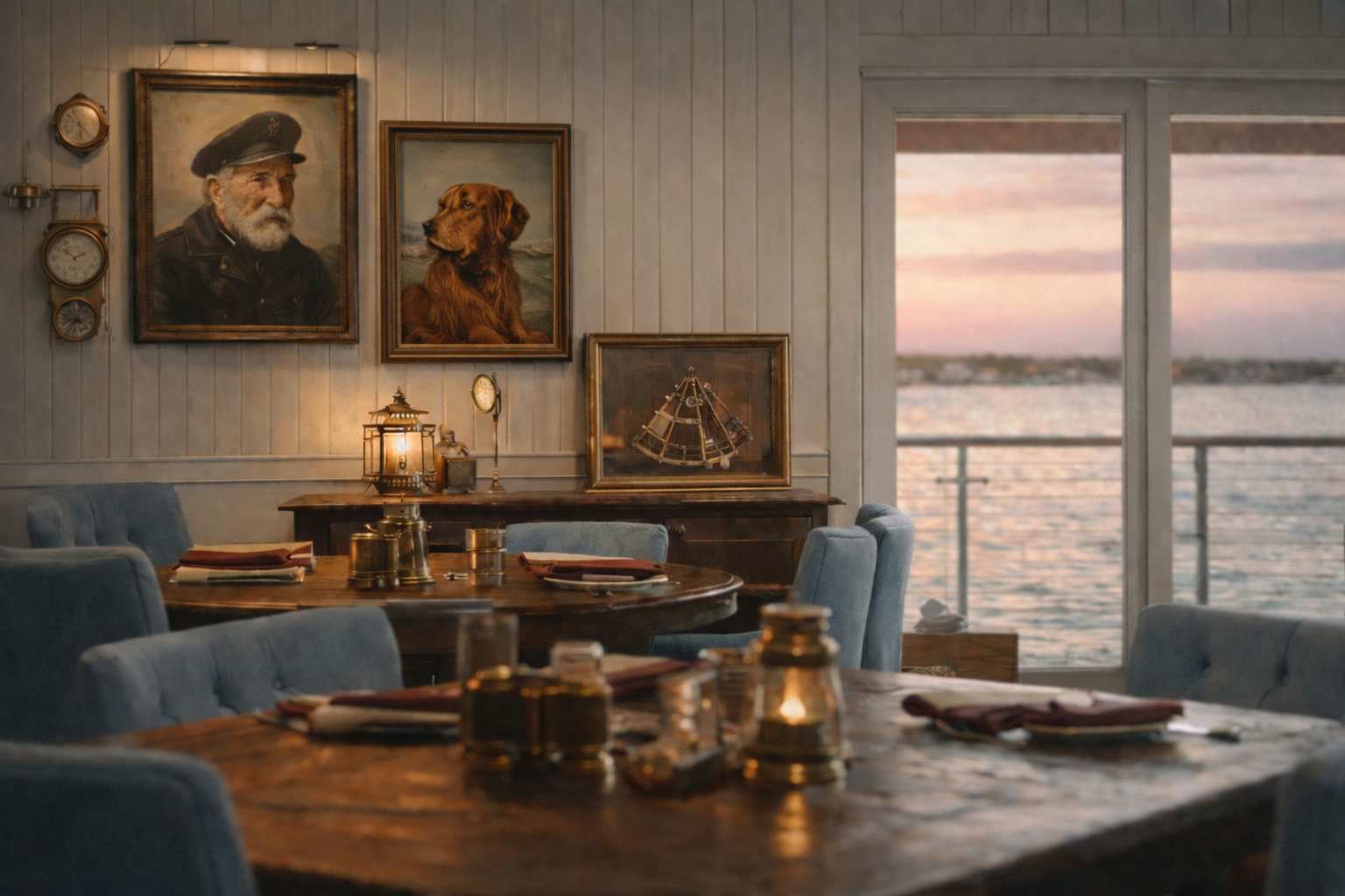 A cozy dining area with a wooden table set with menus and gold-colored condiments, surrounded by blue upholstered chairs. The background features wall art with portraits of a man in a cap, a dog, and a ferris wheel, beside large windows showing a water view at sunset.
