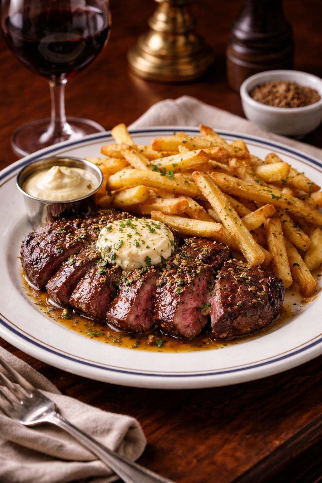 A plate of sliced steak with herb butter, French fries, and dipping sauces, accompanied by a glass of red wine on a wooden table.