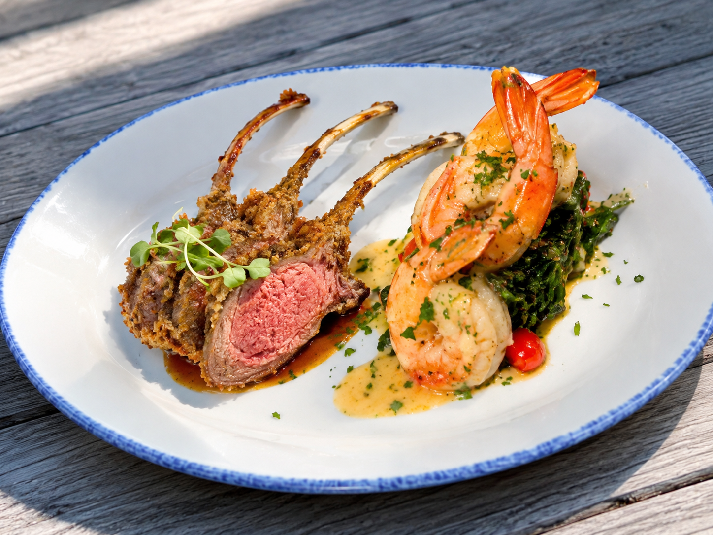 A plate with a serving of cooked lamb chops and shrimp, garnished with herbs, served with greens and cherry tomatoes.