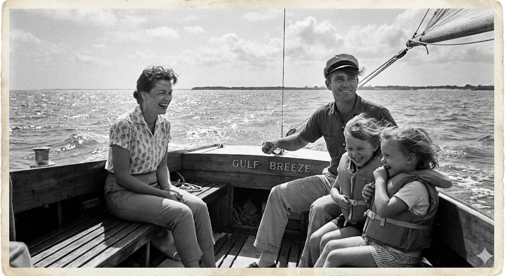 A black and white photo of four people on a boat, smiling and laughing, with water and sky in the background. The boat's name is Gulf Breeze.
