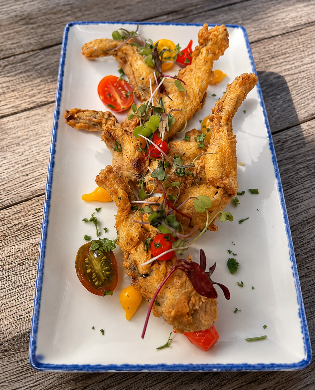 Fried chicken wings garnished with microgreens, cherry tomatoes, and yellow sauce on a white rectangular plate with blue rim, placed on a wooden surface.