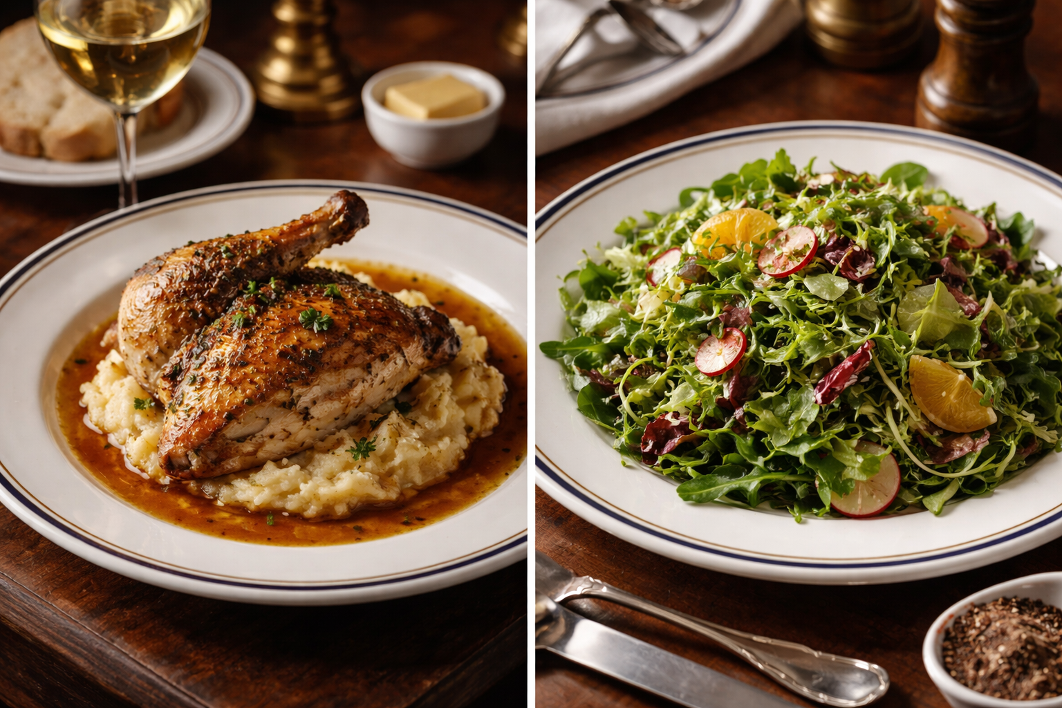 Split screen with a plate of grilled chicken over mashed potatoes on the left and a green salad with radishes and lemon wedges on the right.