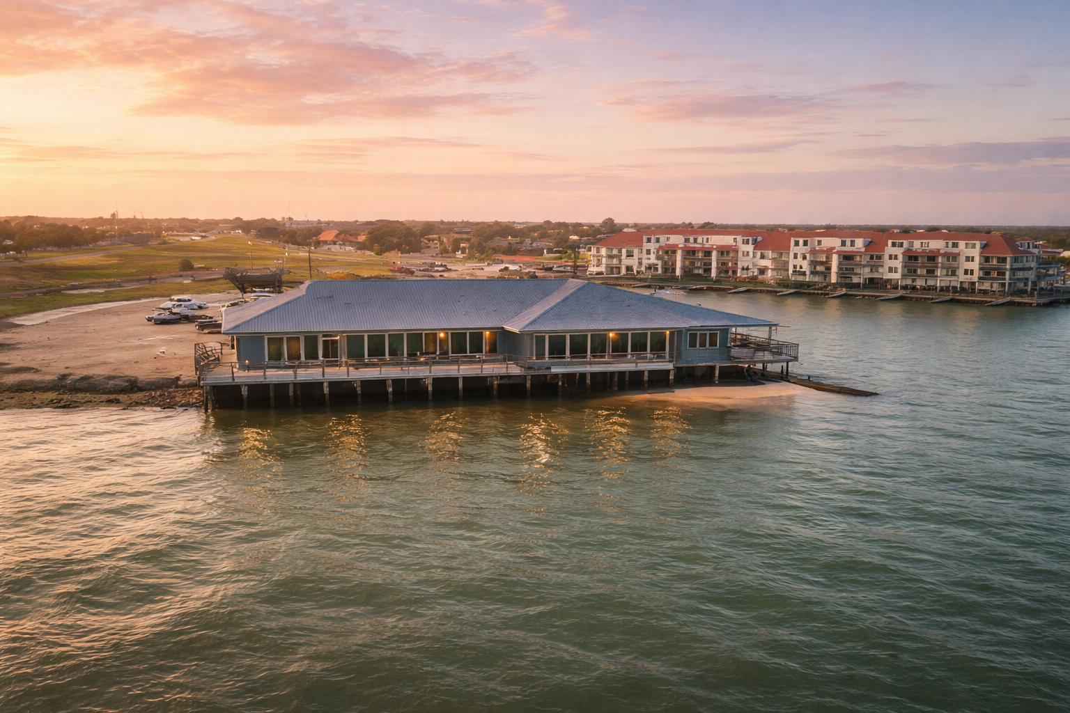 A waterfront building with a metal roof and large windows, sitting on stilts over water during sunset, with a beach and apartment complex in the background.