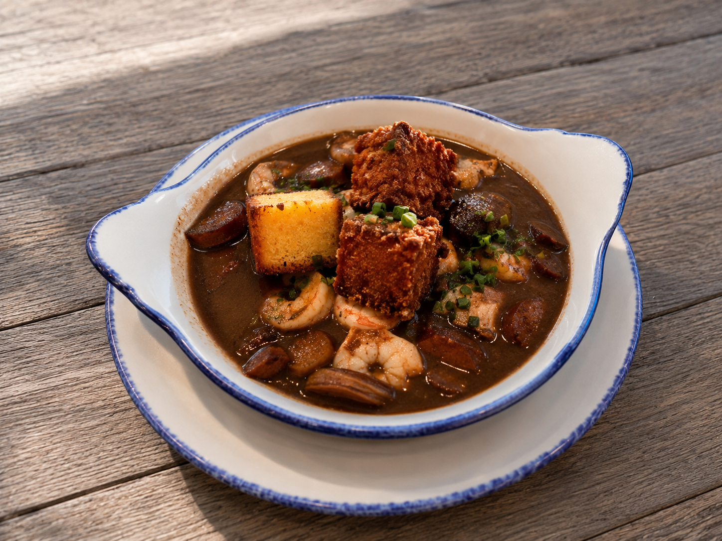 A bowl of shrimp and sausage gumbo topped with fried okra, green onions, and a piece of cornbread, served on a wooden table.