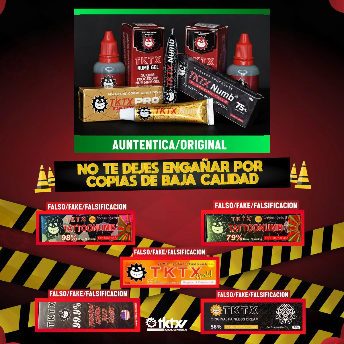 Imagen promocional que advierte sobre copias de baja calidad de productos TKTX, incluyendo fotos de falsificaciones con porcentajes de precisión y mensajes de advertencia en letras grandes y destacadas, con el mensaje central en verde "Auténtica/Orig