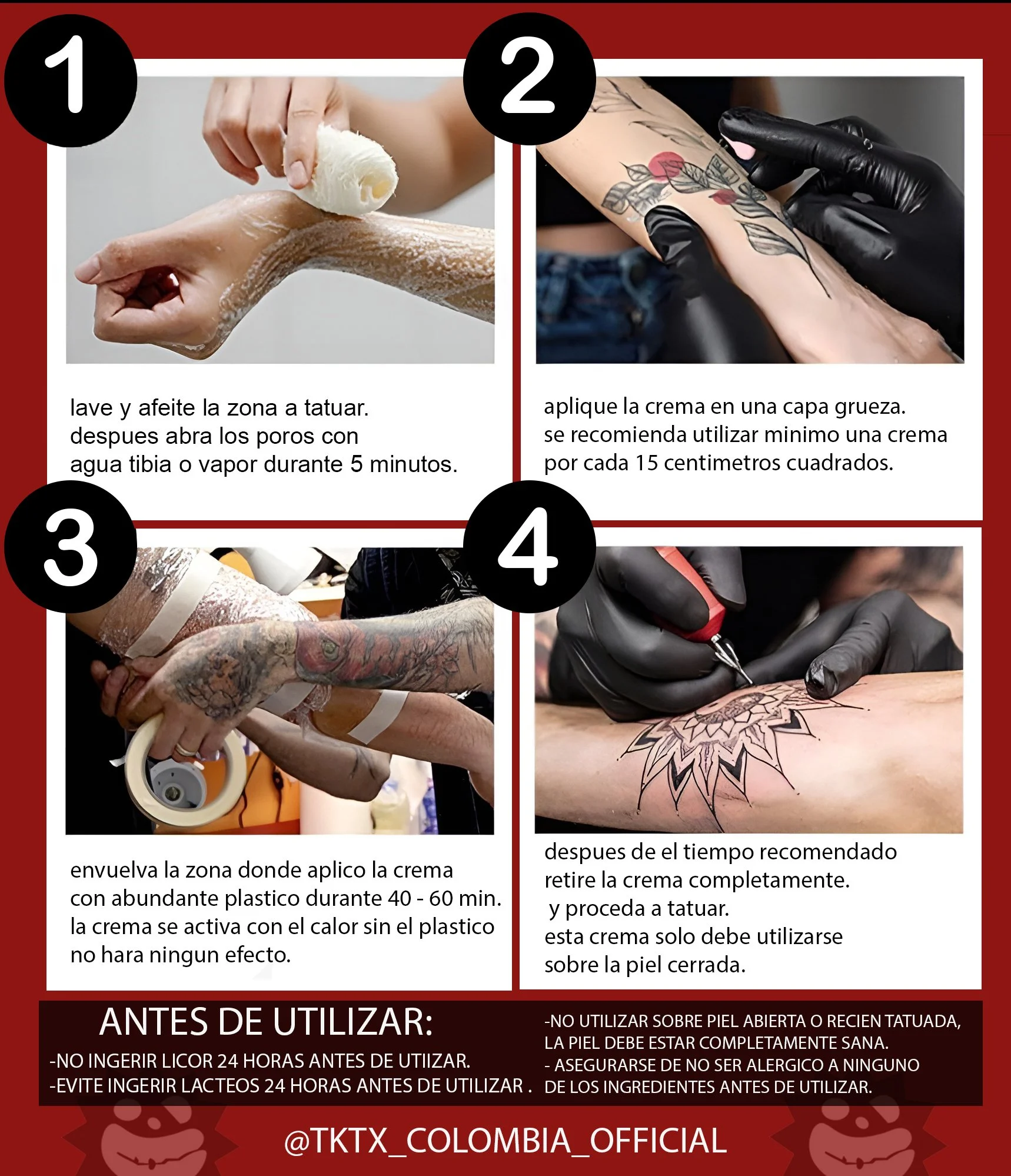 Instrucciones para tatuar paso a paso, con imágenes de preparación y aplicación de crema y tinta en la piel.