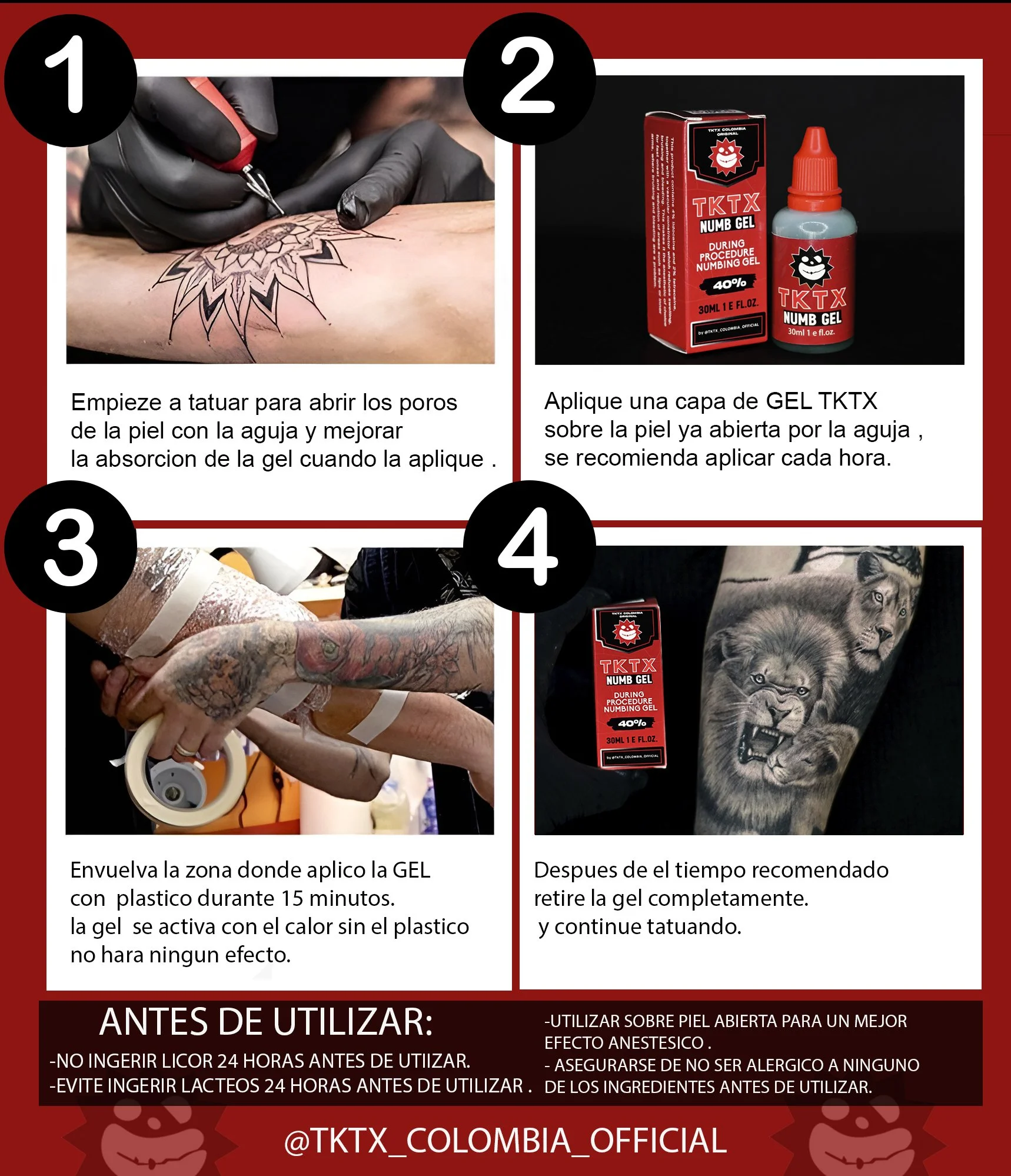 Instrucciones para tatuar usando gel TKTX, incluyendo cómo abrir la piel, aplicar el gel, envolver la zona, retirar el gel después, y advertencias antes de usar.