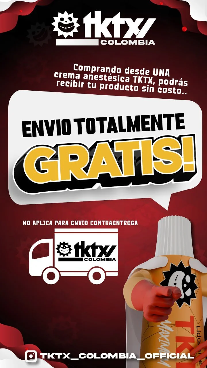 Publicidad de TKT X Colombia que ofrece envío totalmente gratis sin costo, comprando crema anestésica con un código de un camión de reparto y una crema con una imagen de un chef con dedo señalando.