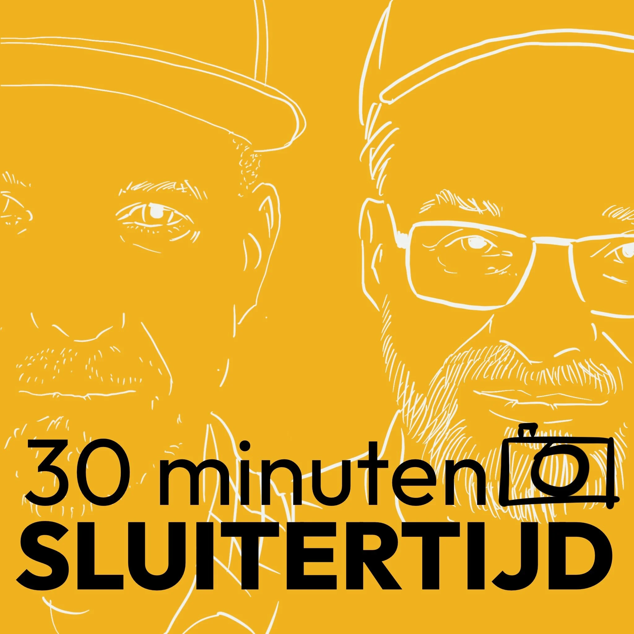 Illustratie van twee mannen met gezichten getekend in een lijnstijl op een gele achtergrond, met grote zwarte tekst die zegt "30 minuten (5) SLUITERTIJD".