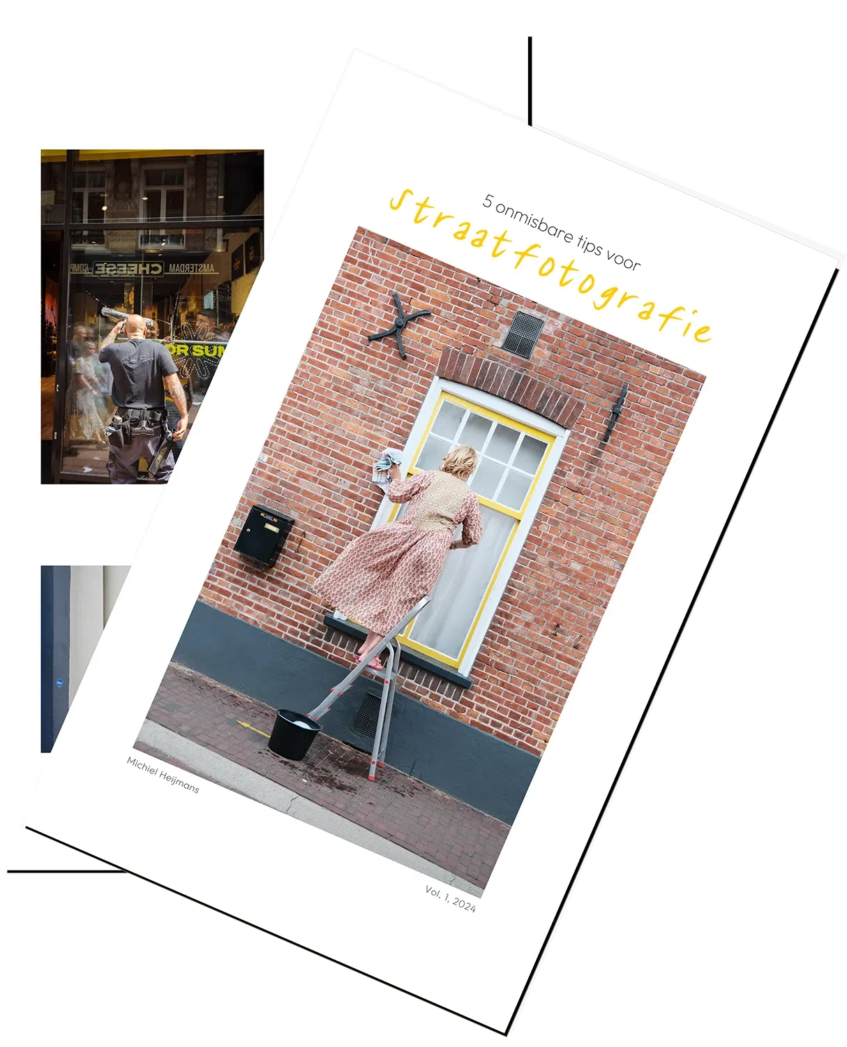 Omslag van een boek met de titel '5 onmisbare tips voor straatfotografie', afgebeeld met een foto van een vrouw die op een ladder een raam schoonmaakt op een stoep naast een bak met water. Kleine foto van een politieagent die een winkel binnenkomt.