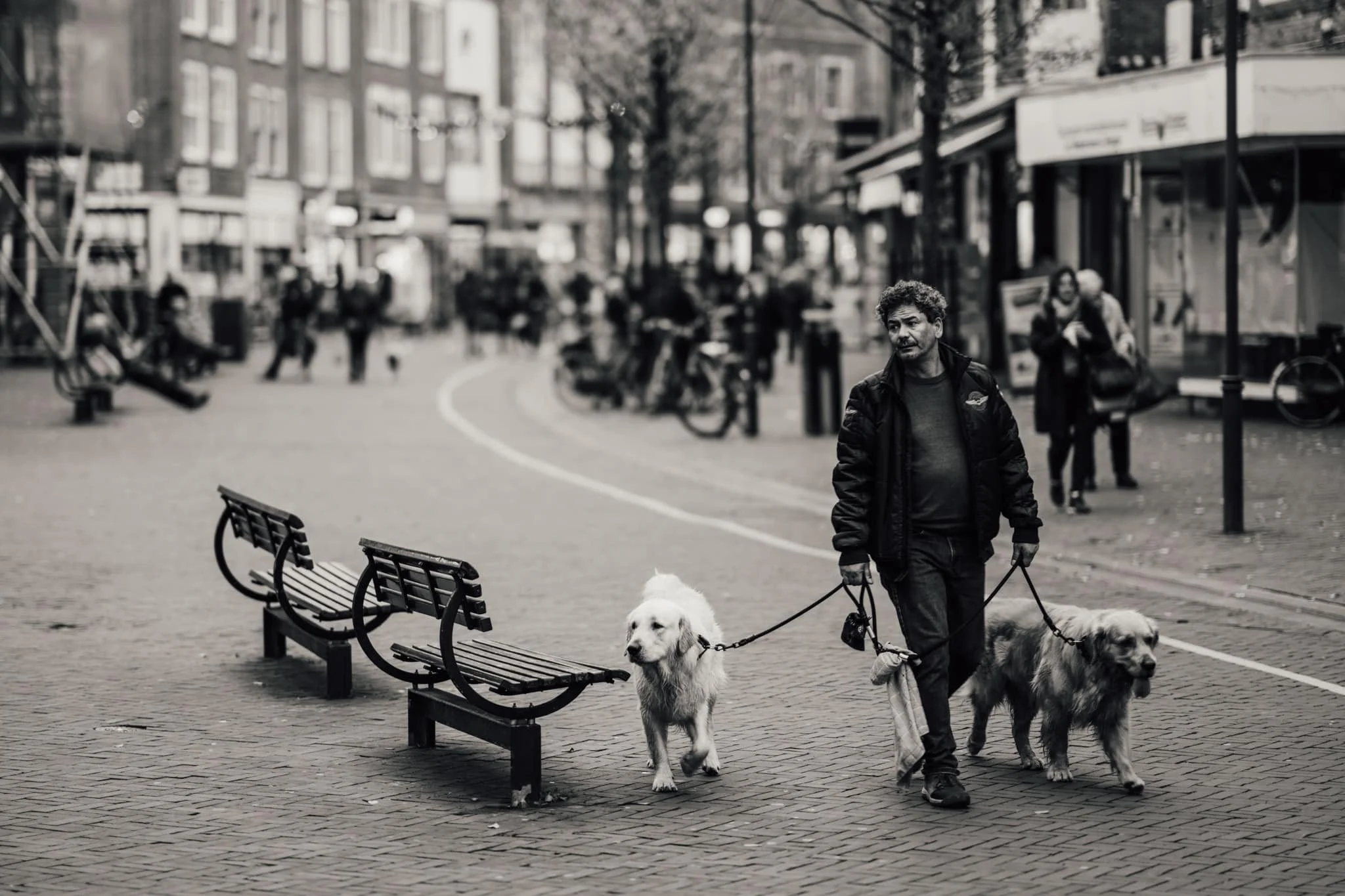 Man wandelt twee honden op een stadsplein met bankjes, omringd door winkels en mensen, in zwart-wijd