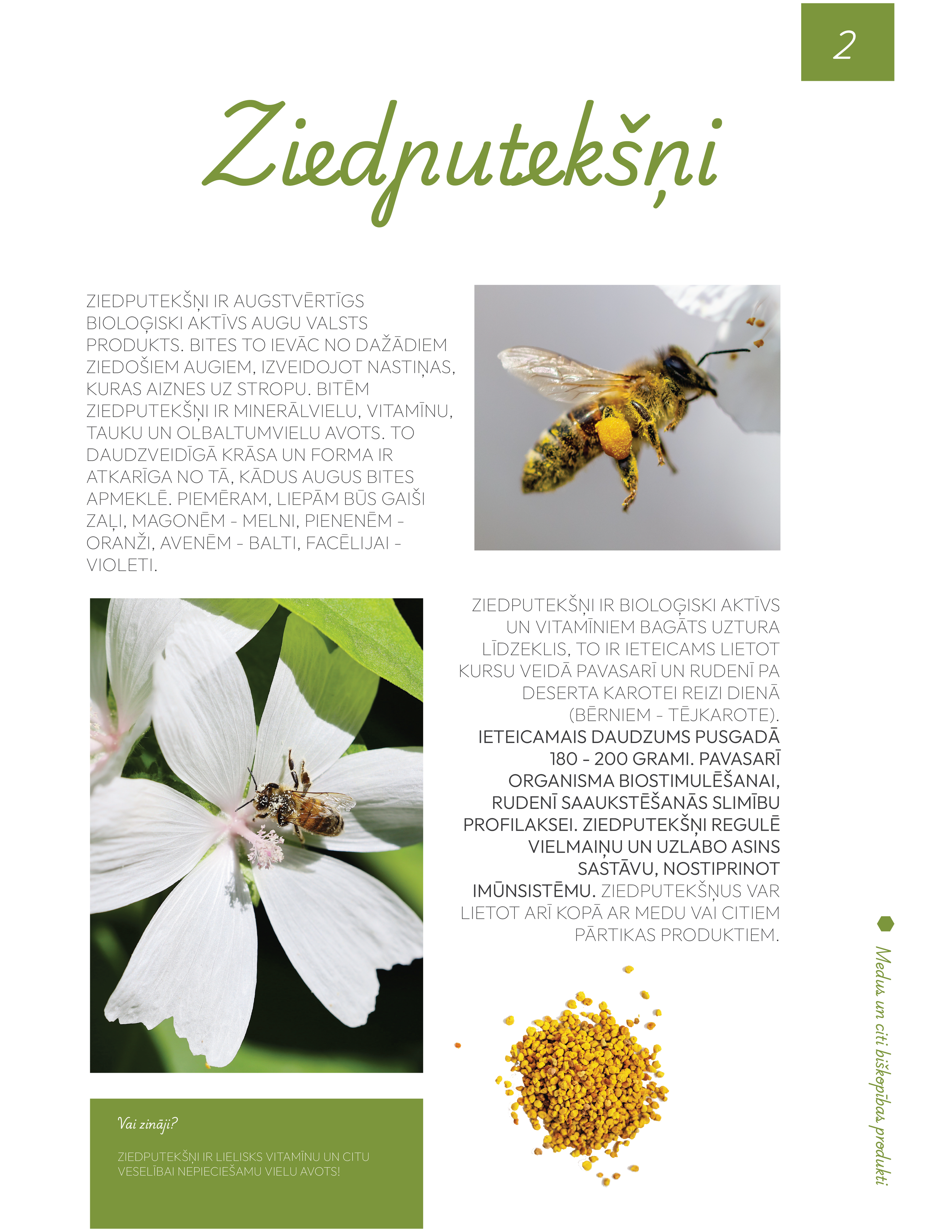 A page from a leaflet or magazine in Latvian about bee products, with images of a bee on a flower and bee pollen, and green accents.